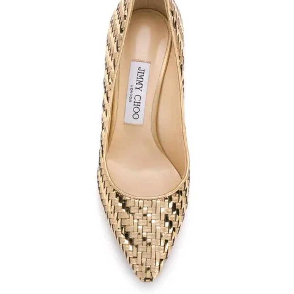 Jimmy Choo Romy 85 Gold Mix Woven Metallic Fabric Pointy Toe Pump Sz/ 8.5 - Picture 4 of 15